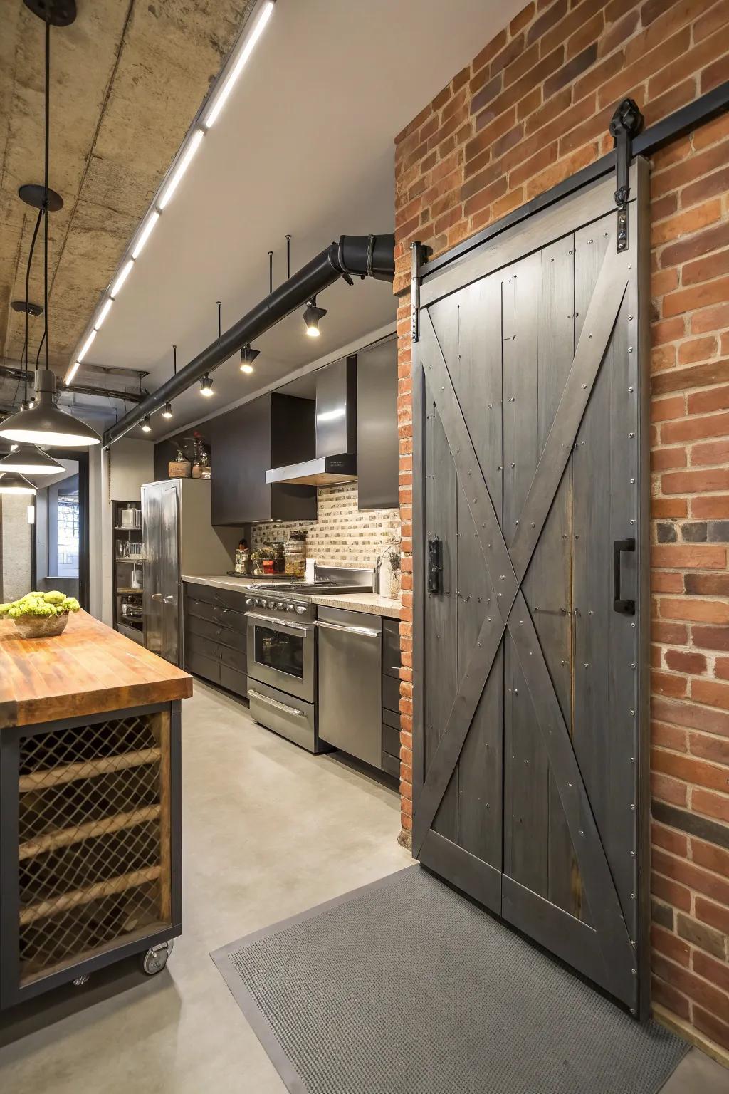 An industrial kitchen showcasing a sliding barn door pantry accented with metal.