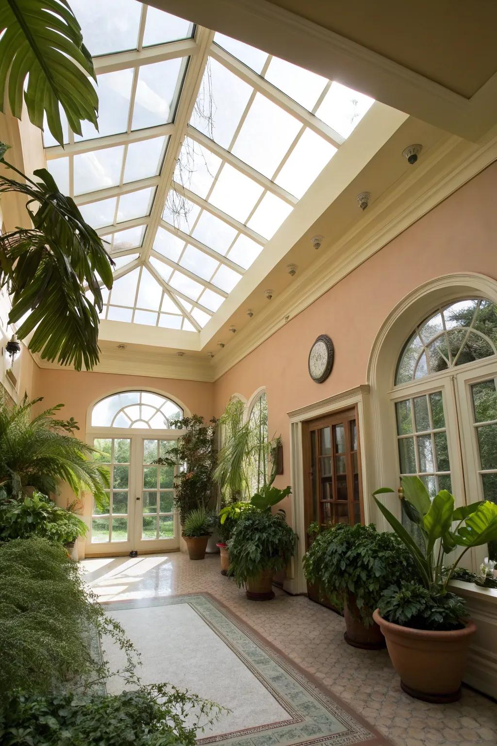 A bright room featuring a vaulted ceiling enhanced with skylights.