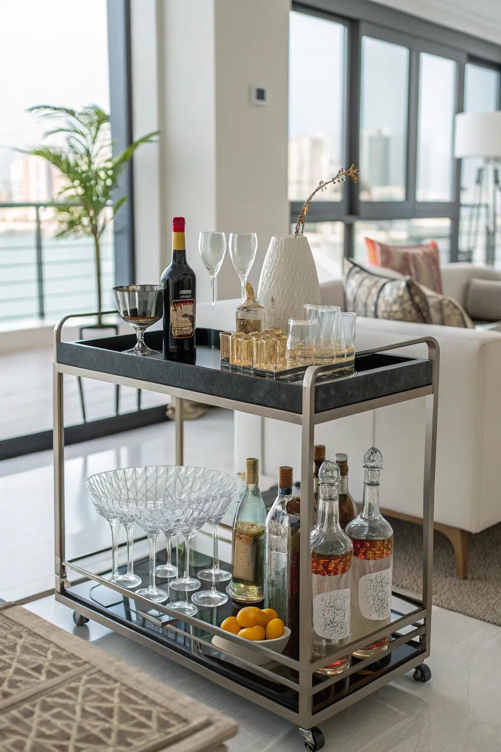 A bar cart introduces elegance and mobility to your entertaining area.