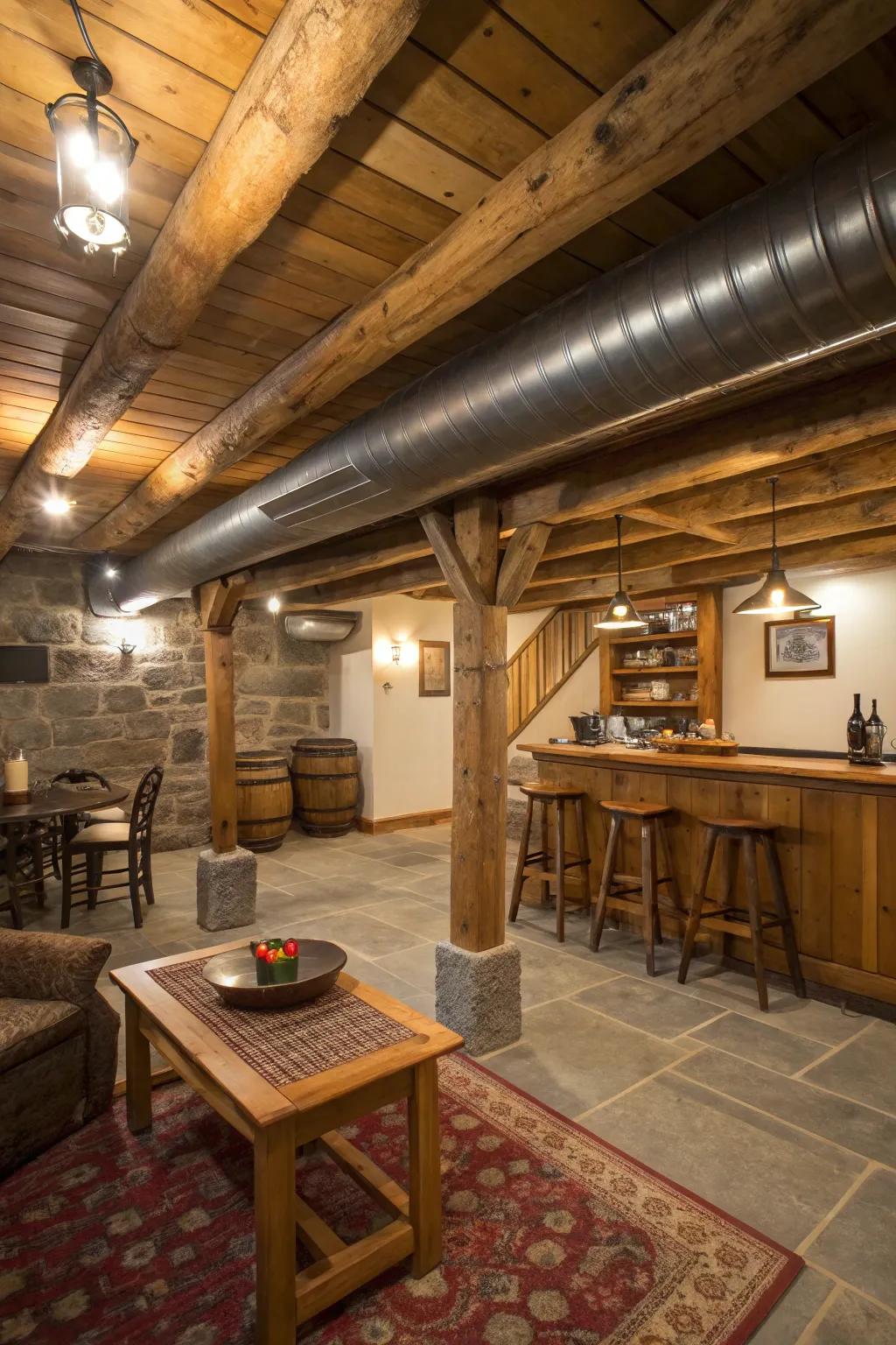 Bring warmth and character with artificial wood beams surrounding ductwork.