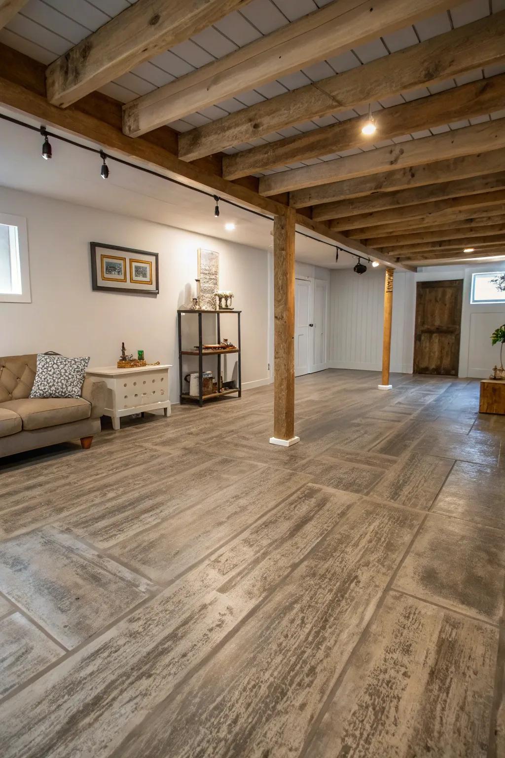 Concrete floors can mimic wood, offering warmth and practicality in a minimalistic setup.