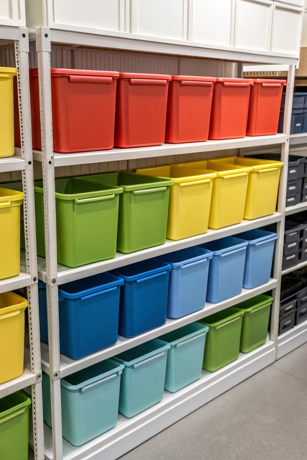 Color-coded bins simplify finding stored items rapidly.