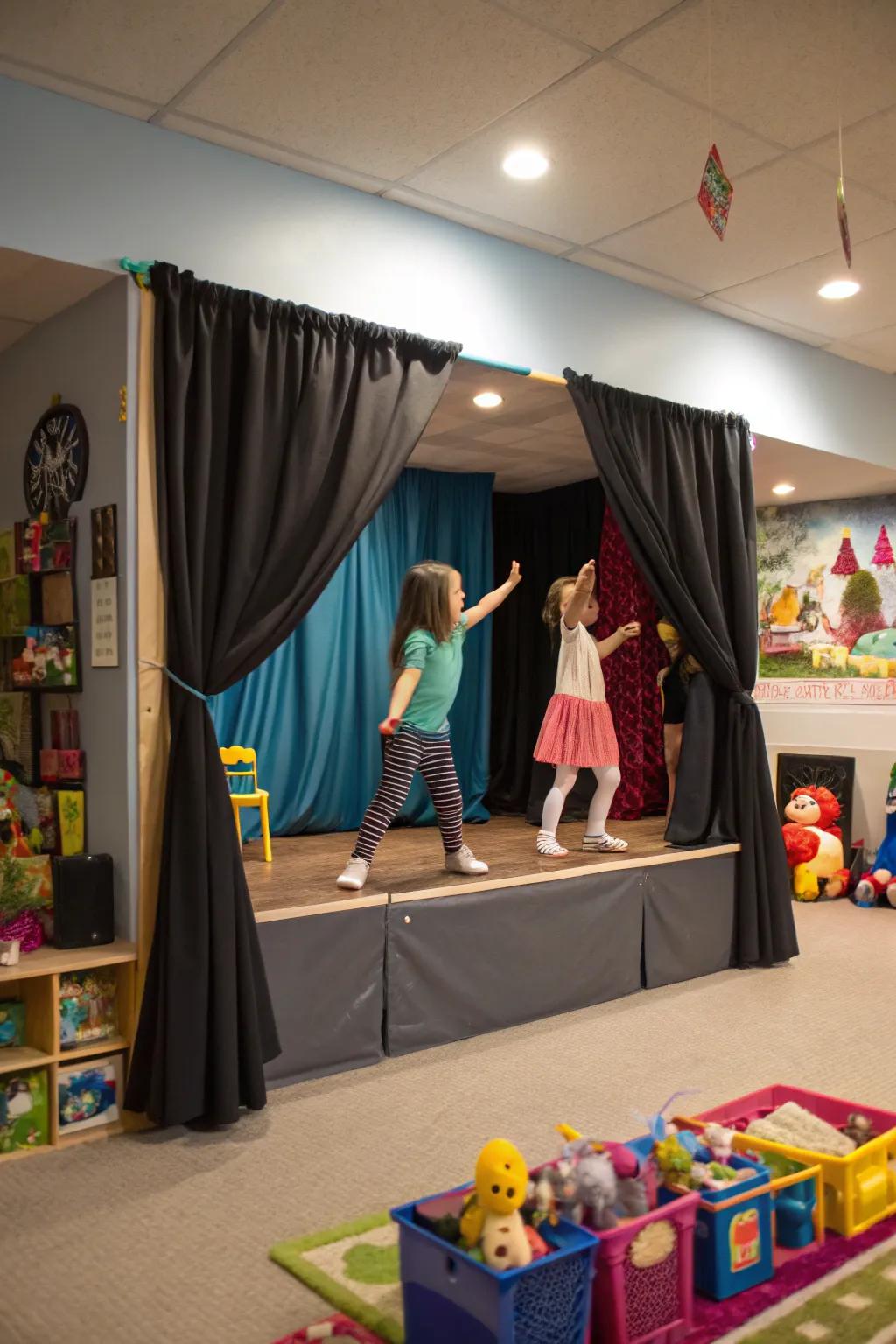 A mini stage invites dramatic play and performances.