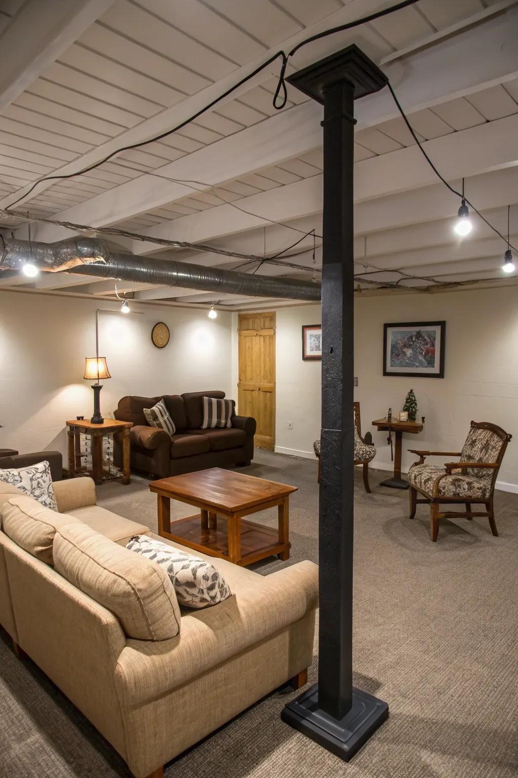 Furniture arrangement that includes basement poles as key features.