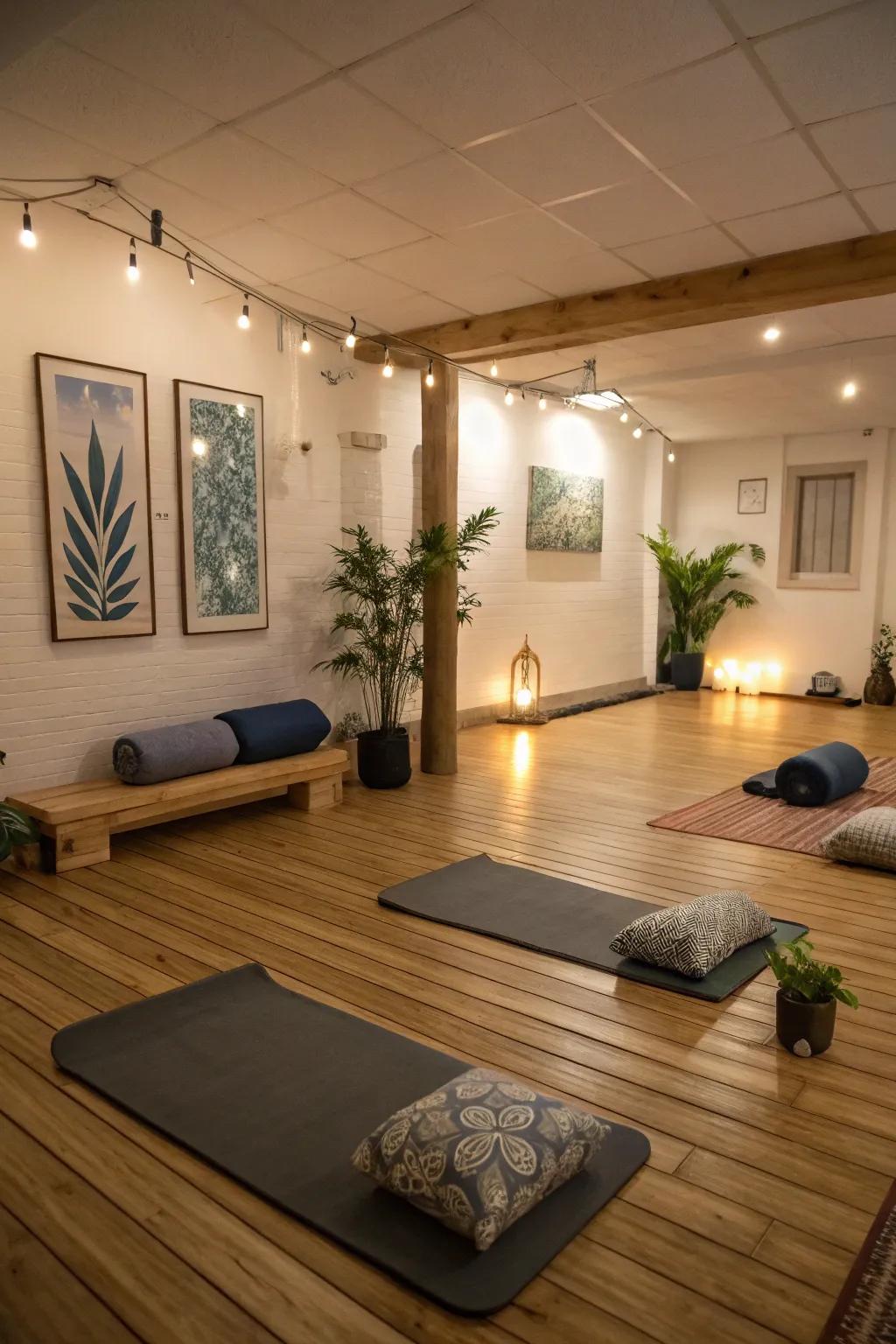 A calming yoga retreat in the basement incorporating organic elements and soft lighting.
