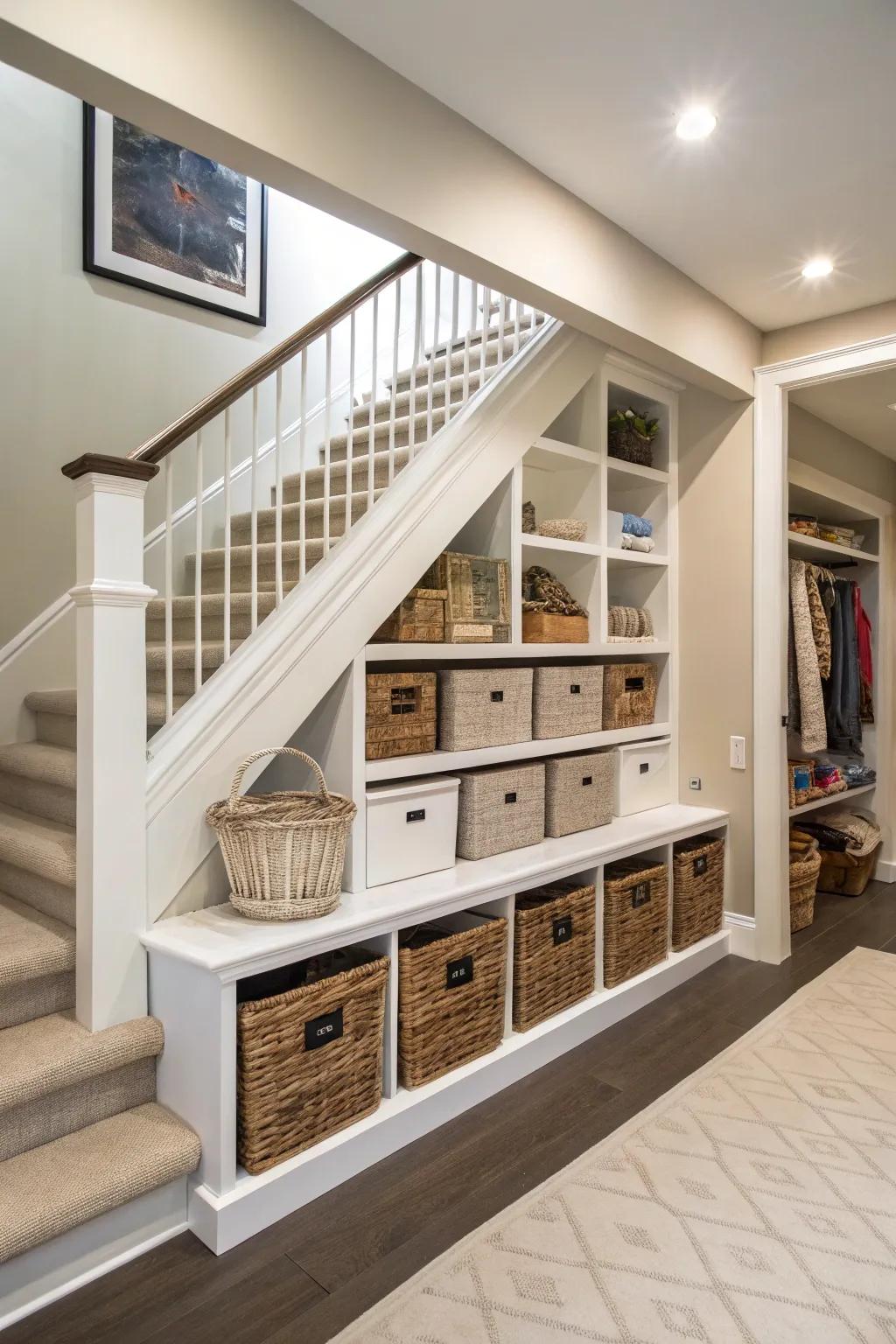 Under-stair storage presents practicality and flair.