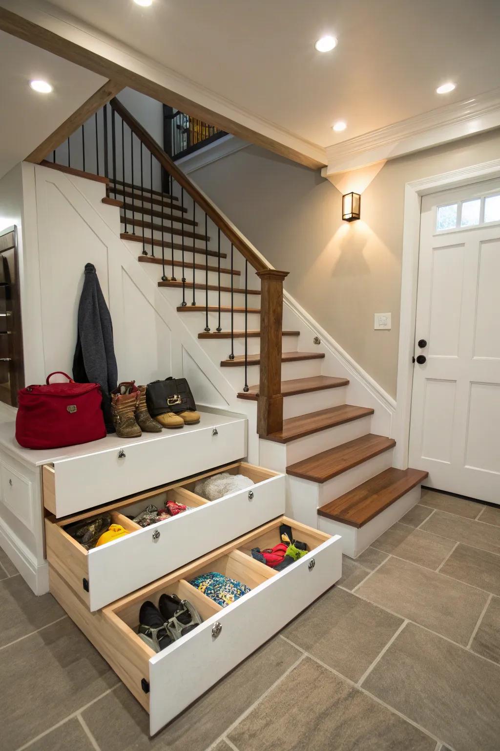 Optimize your basement using ingenious under-stair storage options.