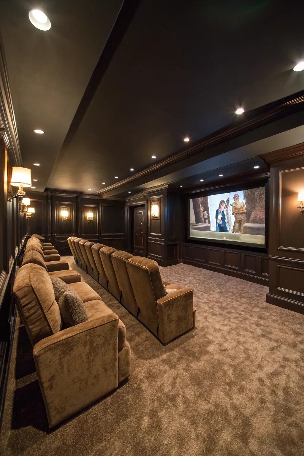 The movie theater in your basement benefits from a dark color scheme that enhances the atmosphere.