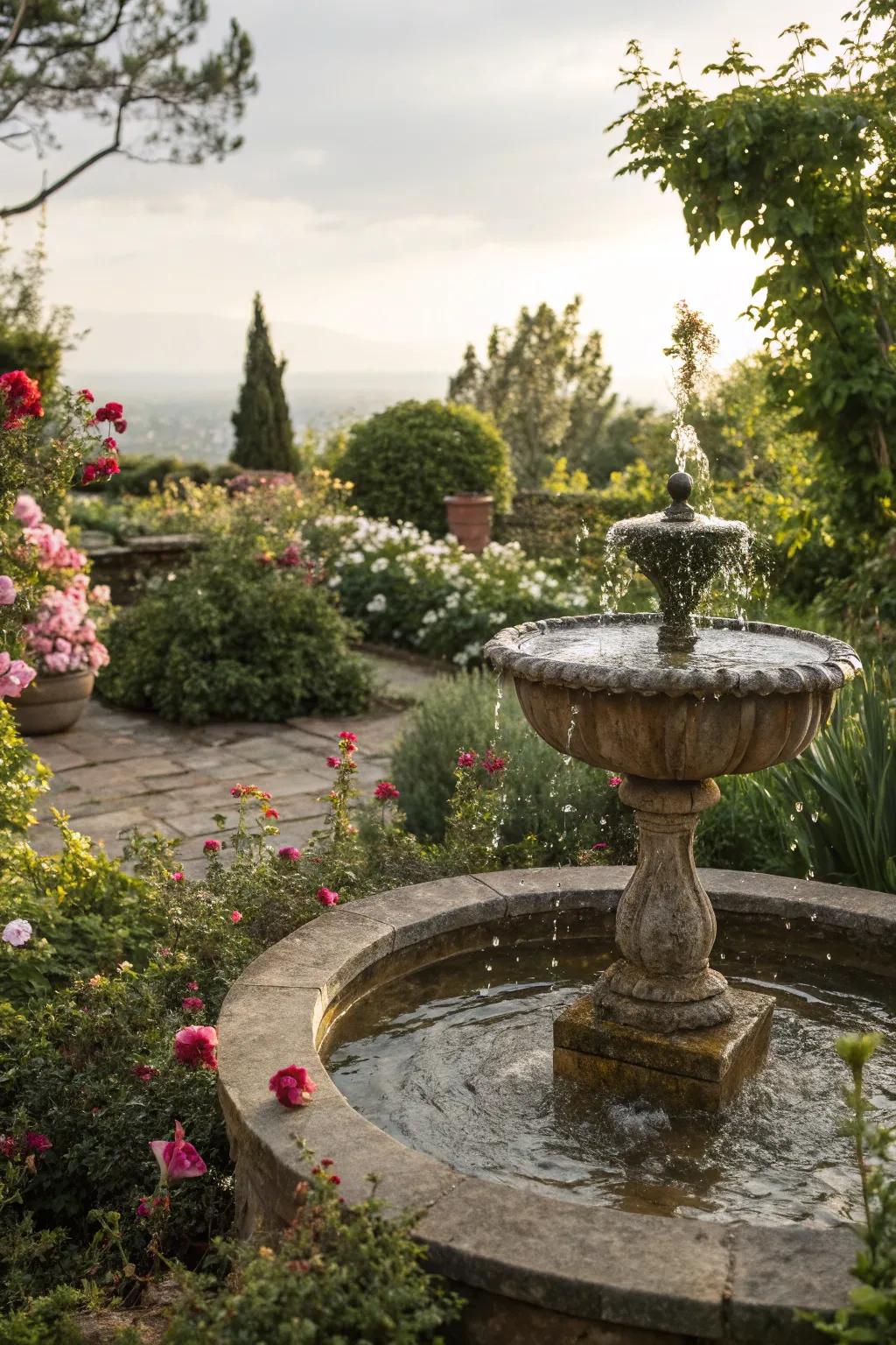 A water feature brings a soothing ambiance to the garden.
