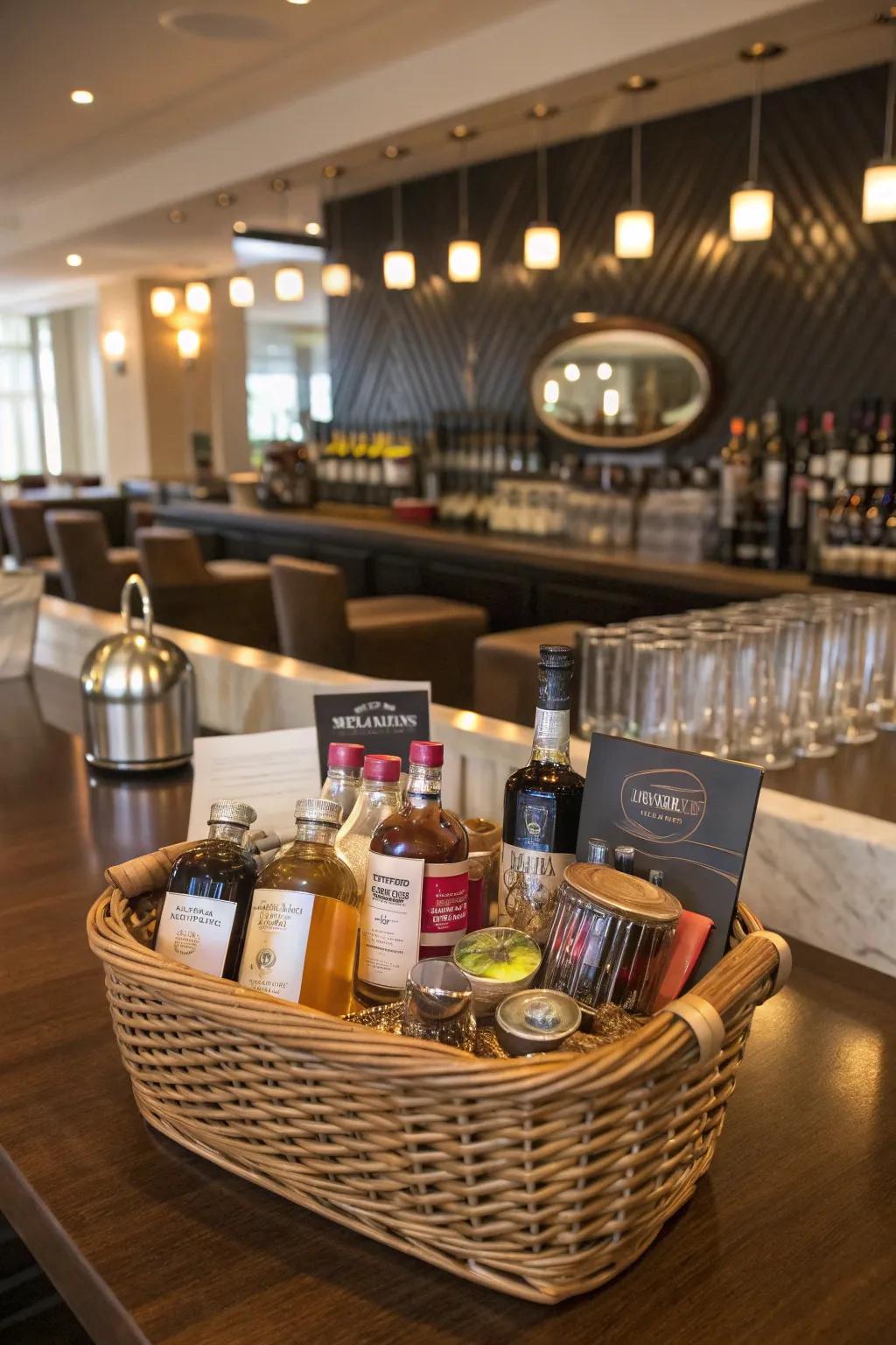 A cocktail mixing set adds a playful and interactive element to any basket.