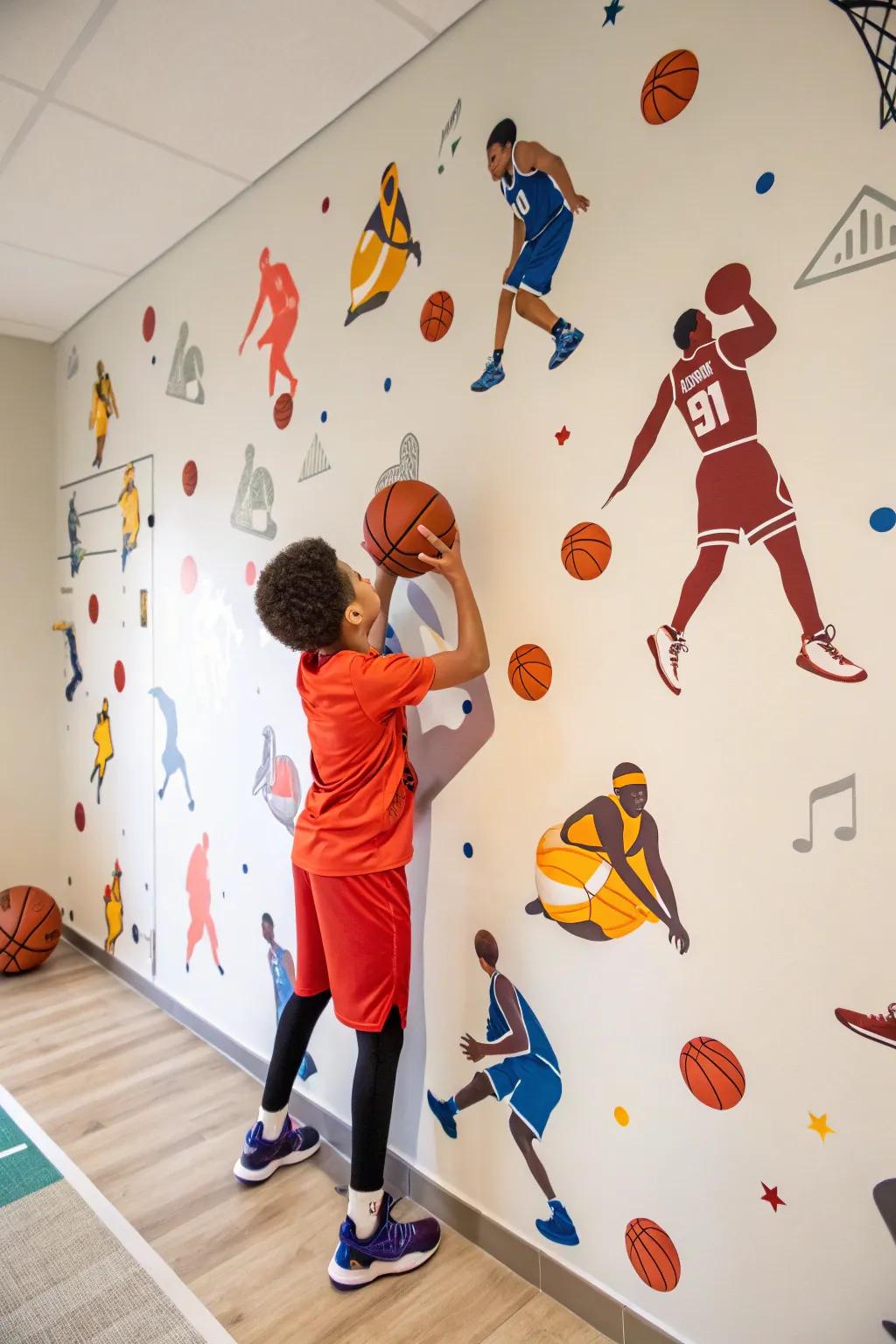 Vibrant wall graphics inject dynamism into the space.
