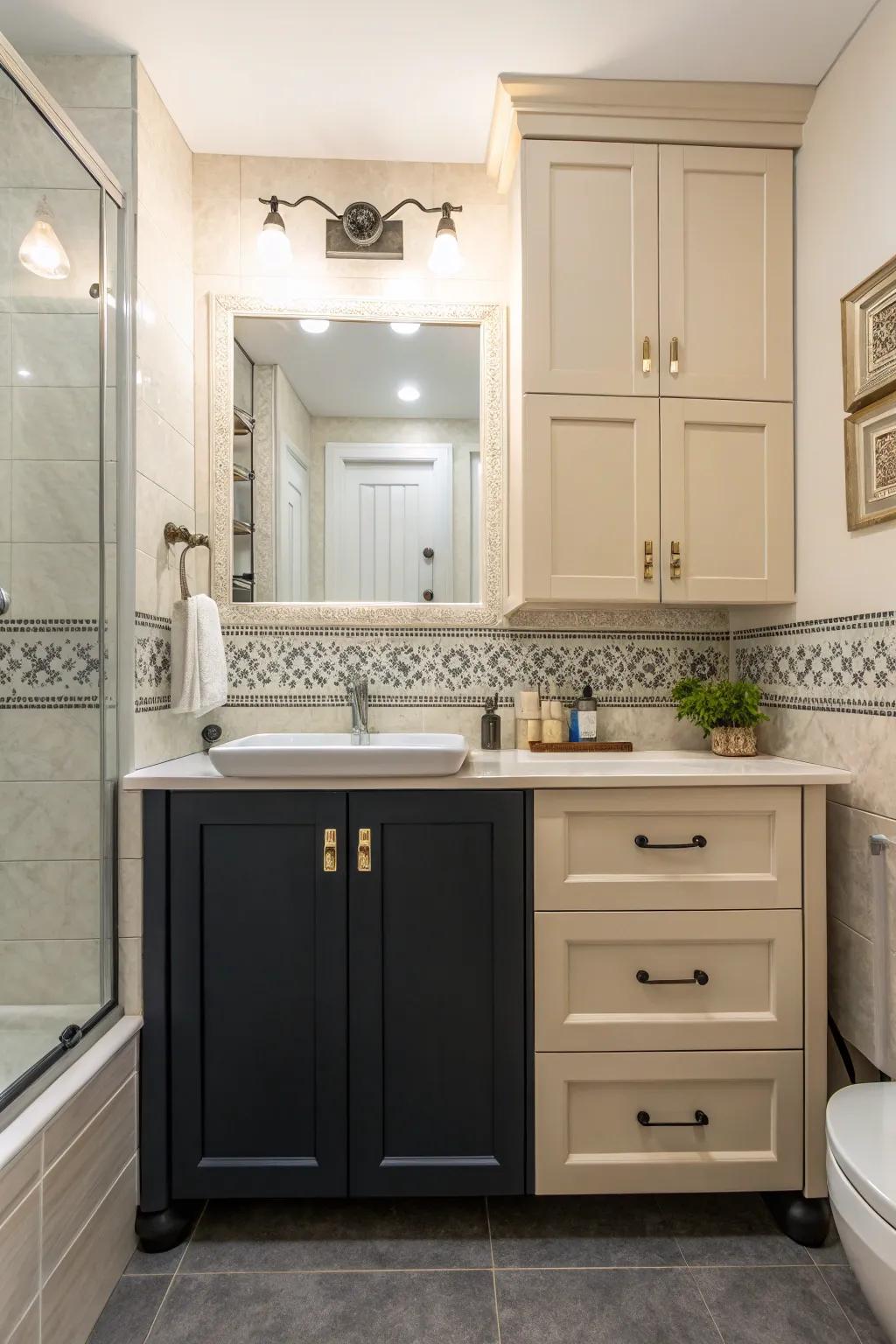 Dual-tone storage units add depth and visual interest.