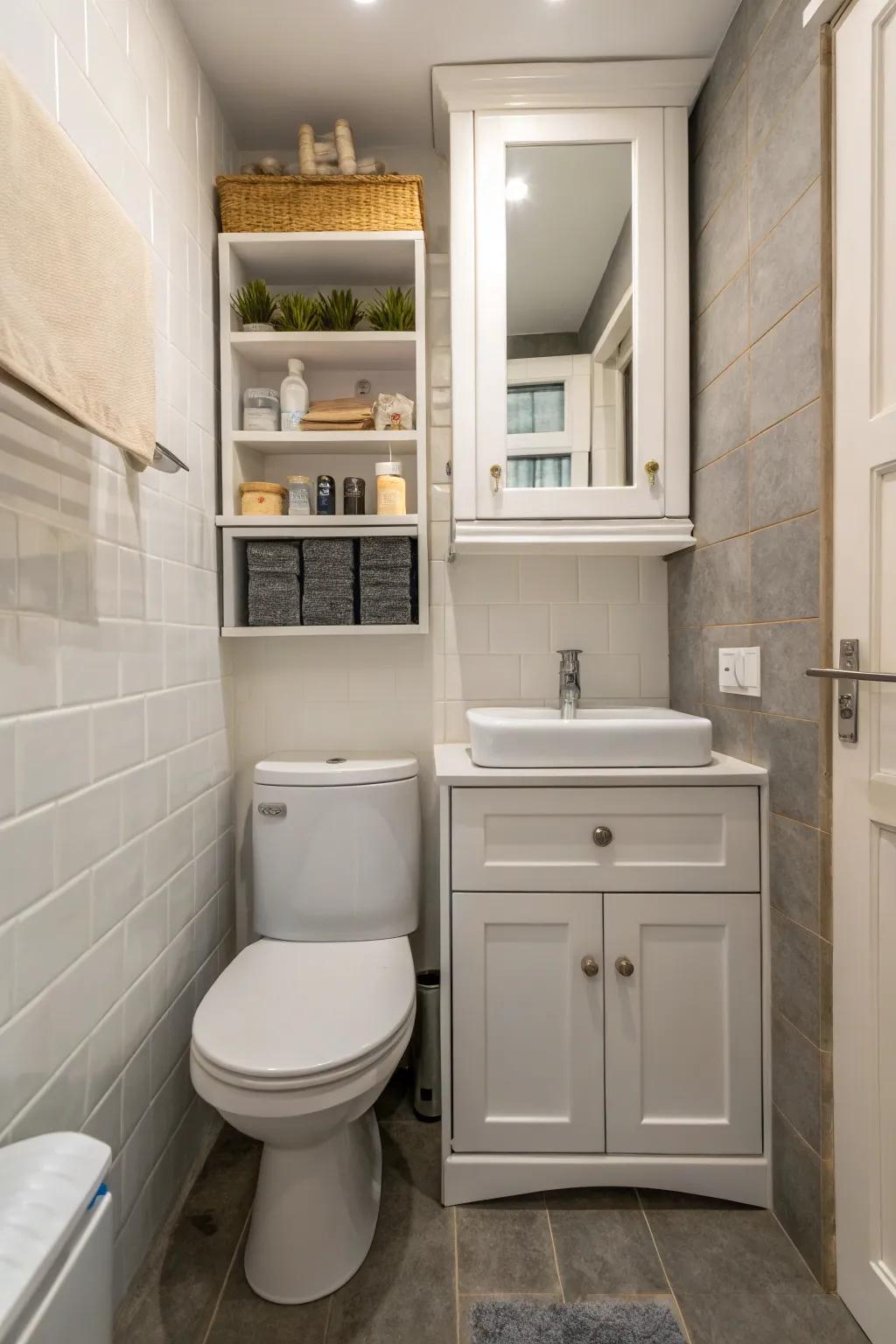 Over-the-toilet shelves take full advantage of storage in limited spaces.
