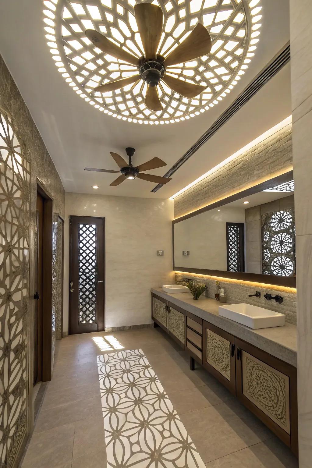 A bathroom featuring a fan showcasing geometric lighting patterns.