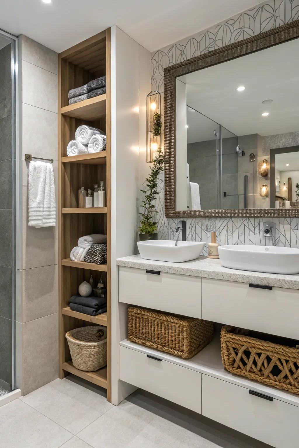 A bathroom design intelligently utilizes space with creative storage options.
