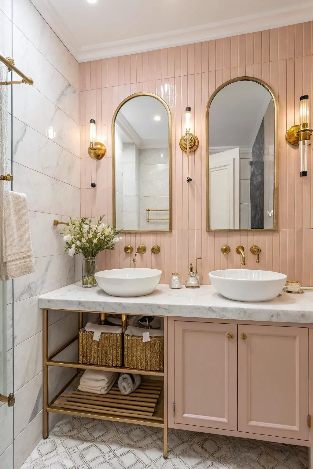 Rose pink walls add a chic and warm touch to the bathroom.