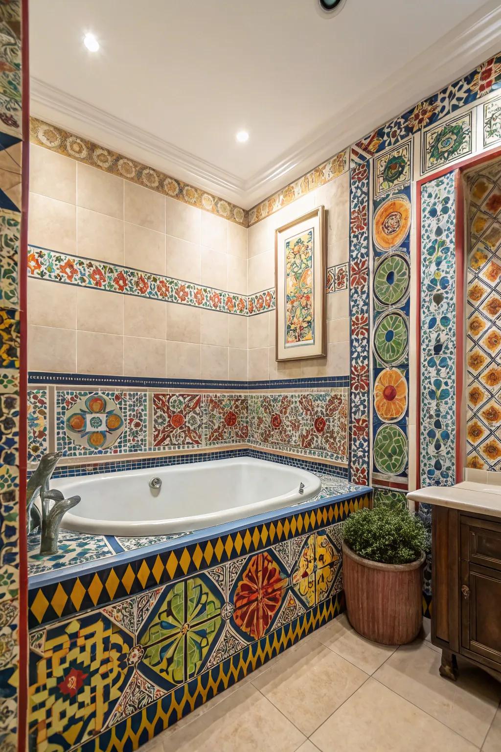 Transform your tub area using ornamental tilework.