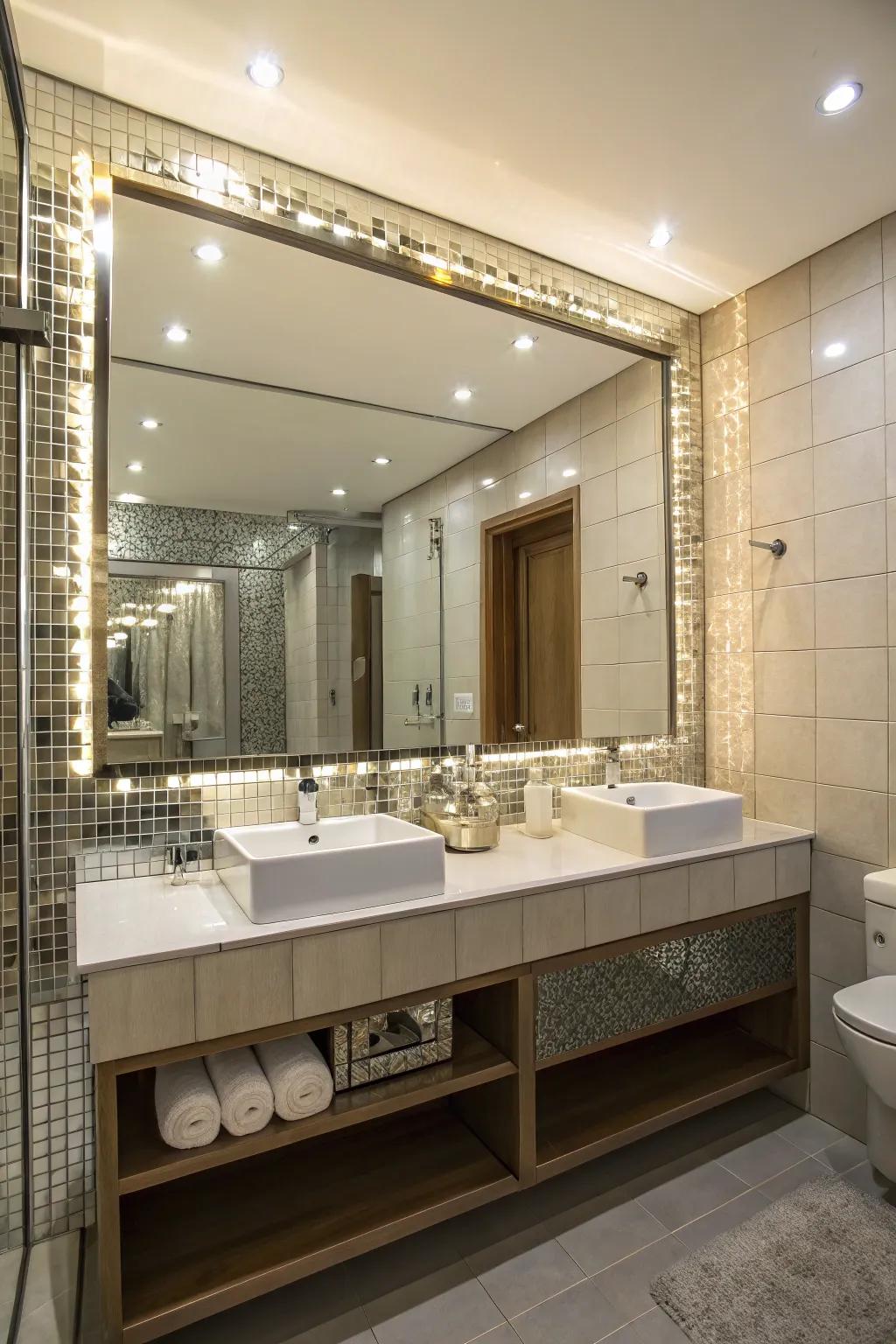 Mirrored tiles add elegance and enhance space.