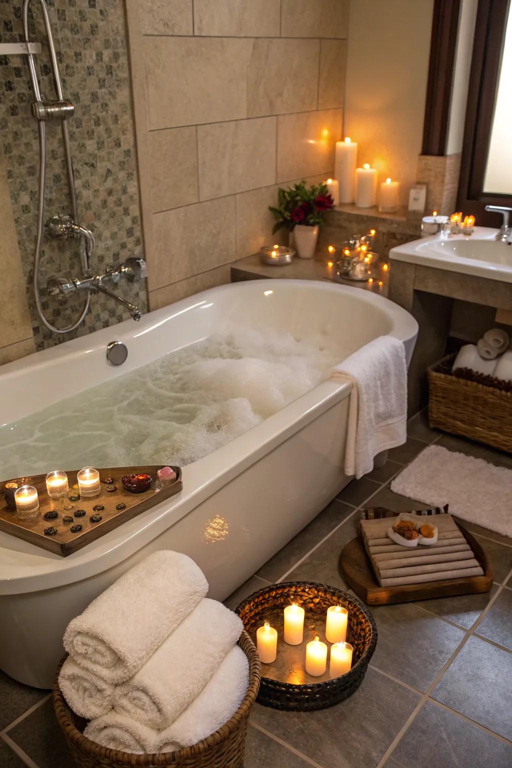 Resilient flooring helps set the scene for a spa-like escape in this bathroom.
