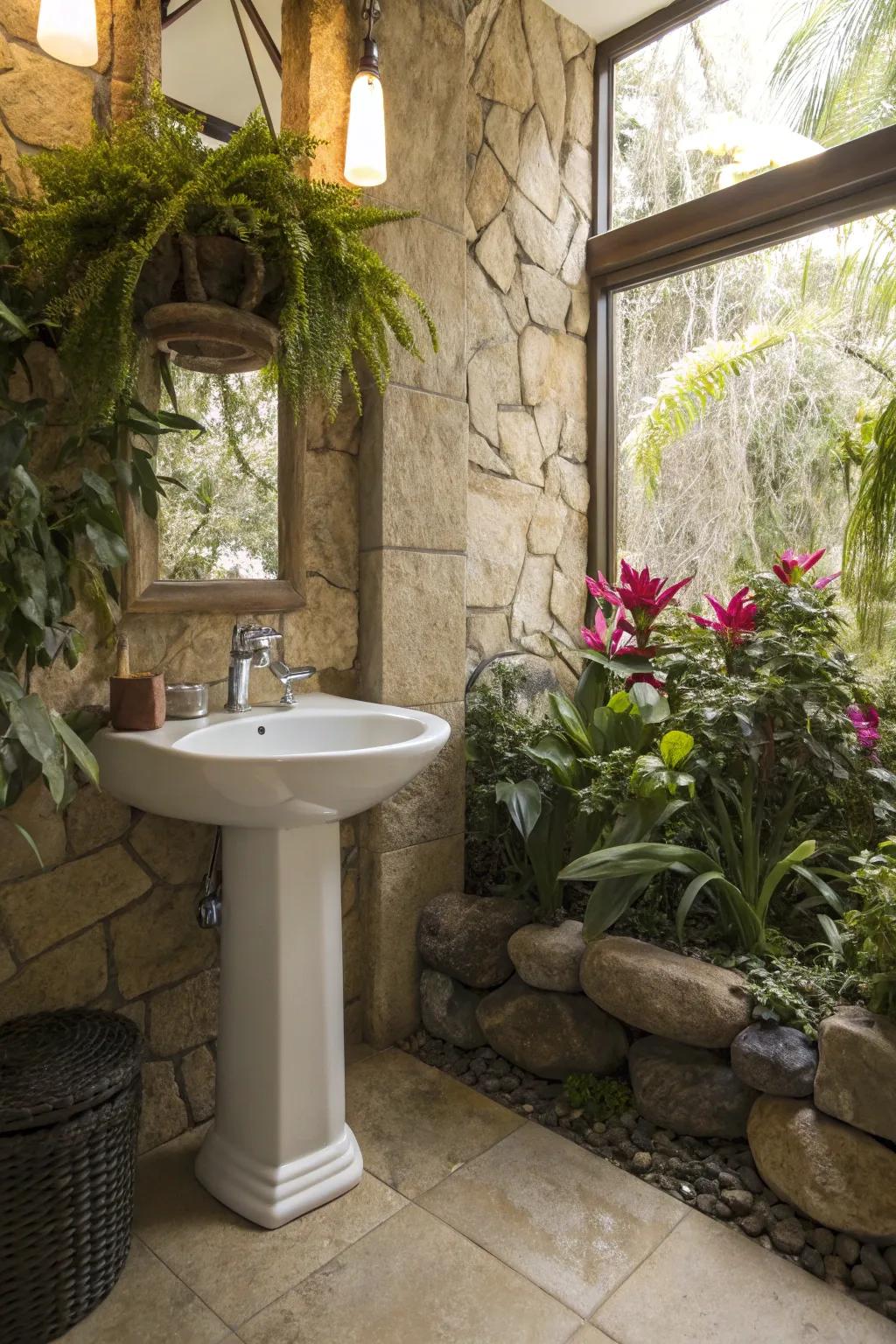 Welcome nature indoors with greenery and real stone.