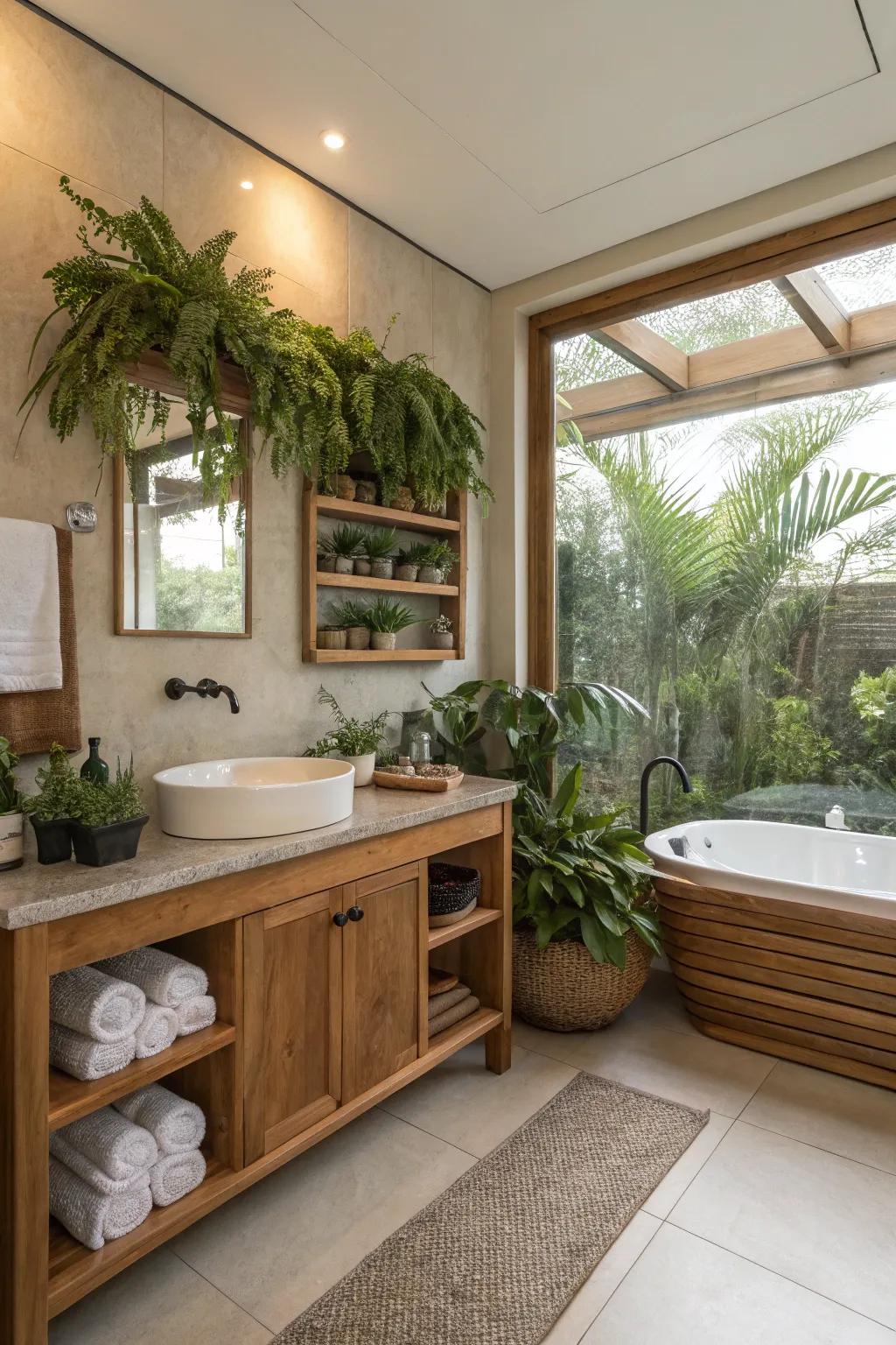 Wooden elements and plants contributing to a spa-like bathroom atmosphere.