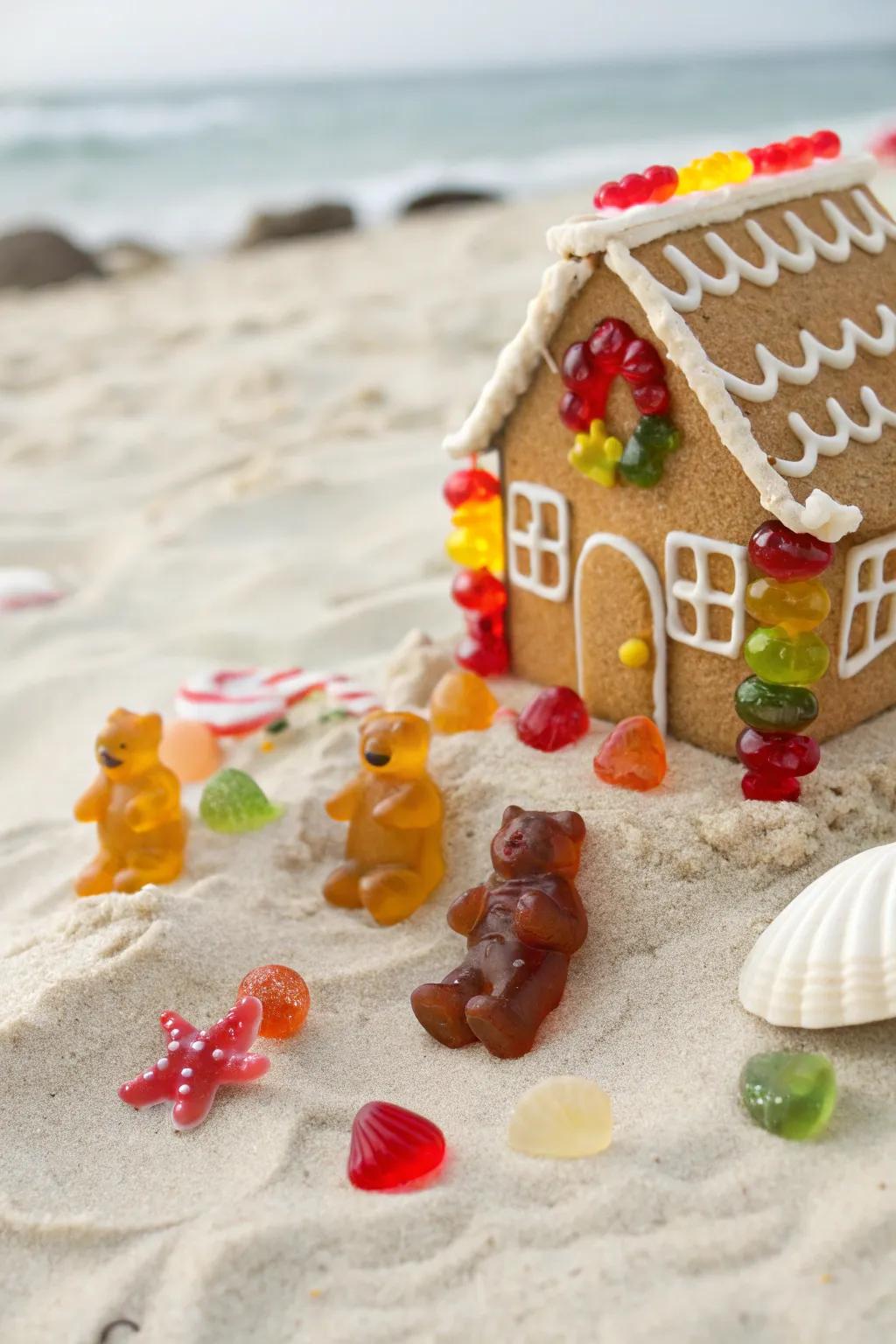Chewy bears include an entertaining and lively element to the beach arrangement.