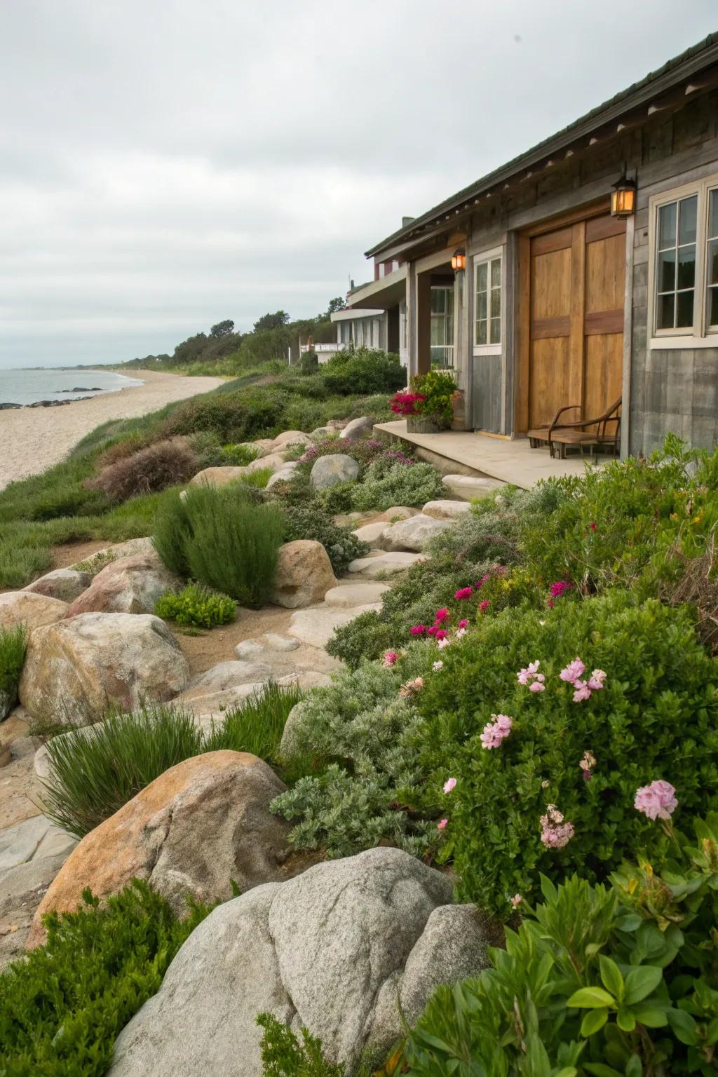All-natural rocks bringing texture to a shoreline landscape.