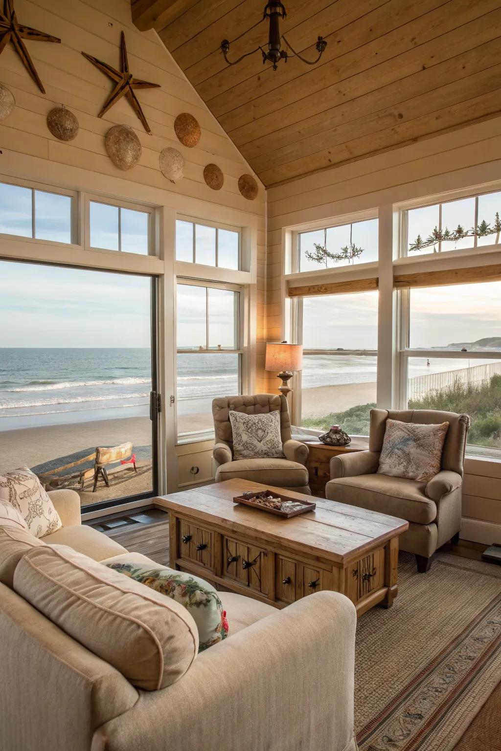 Comfortable furniture encourages relaxation in this beachside paradise.