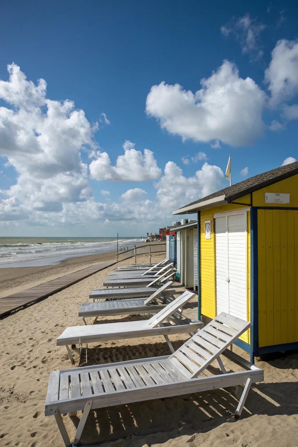 Sun loungers provide a relaxing area in front of the beach shed.