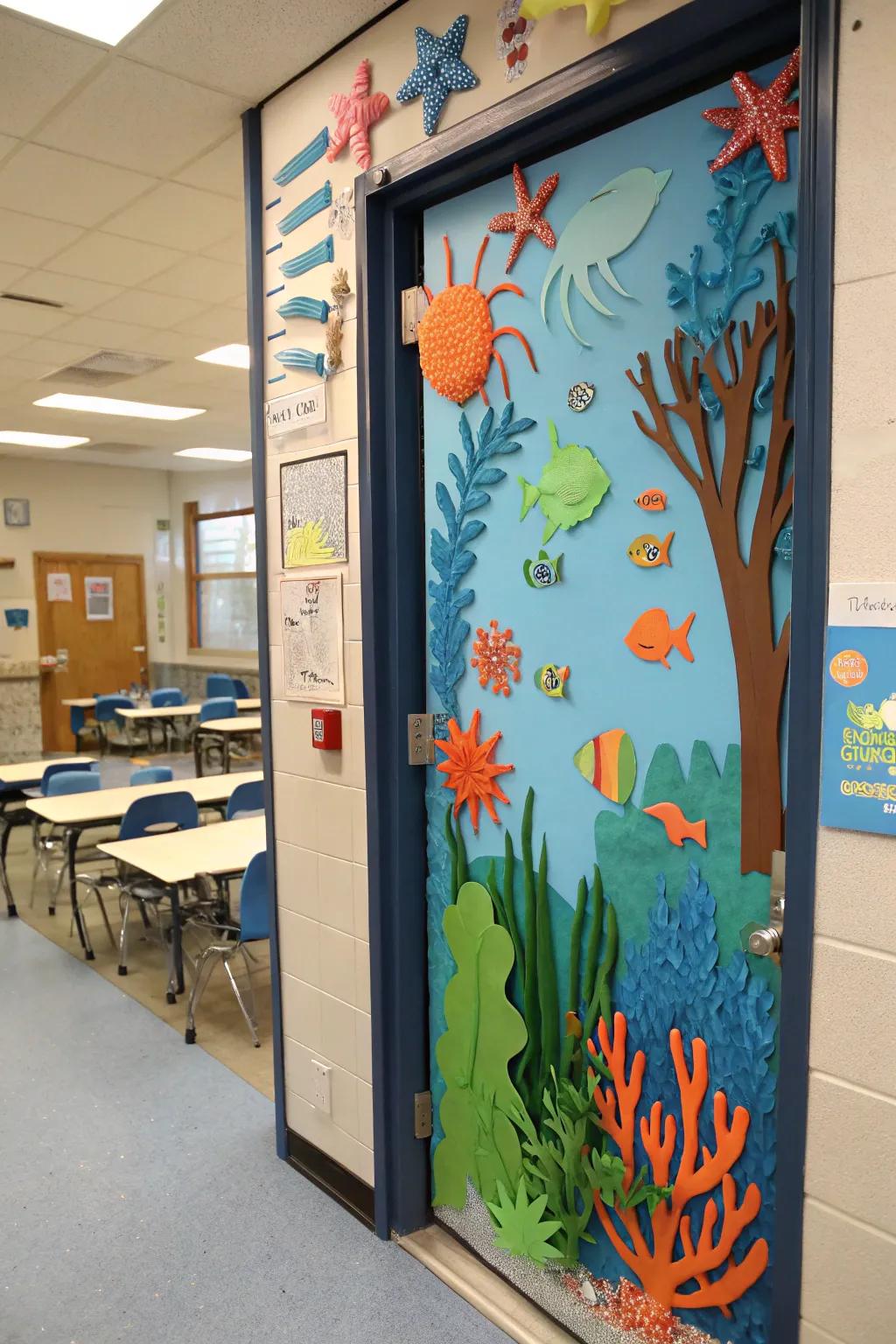 Classroom entrance with a bright coral barrier crafted from paper.