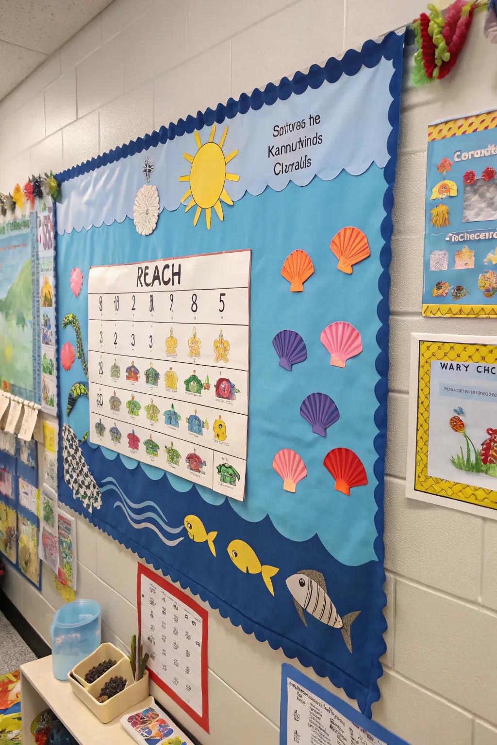 An involving beach-inspired calendar keeps the classroom thematic and orderly.