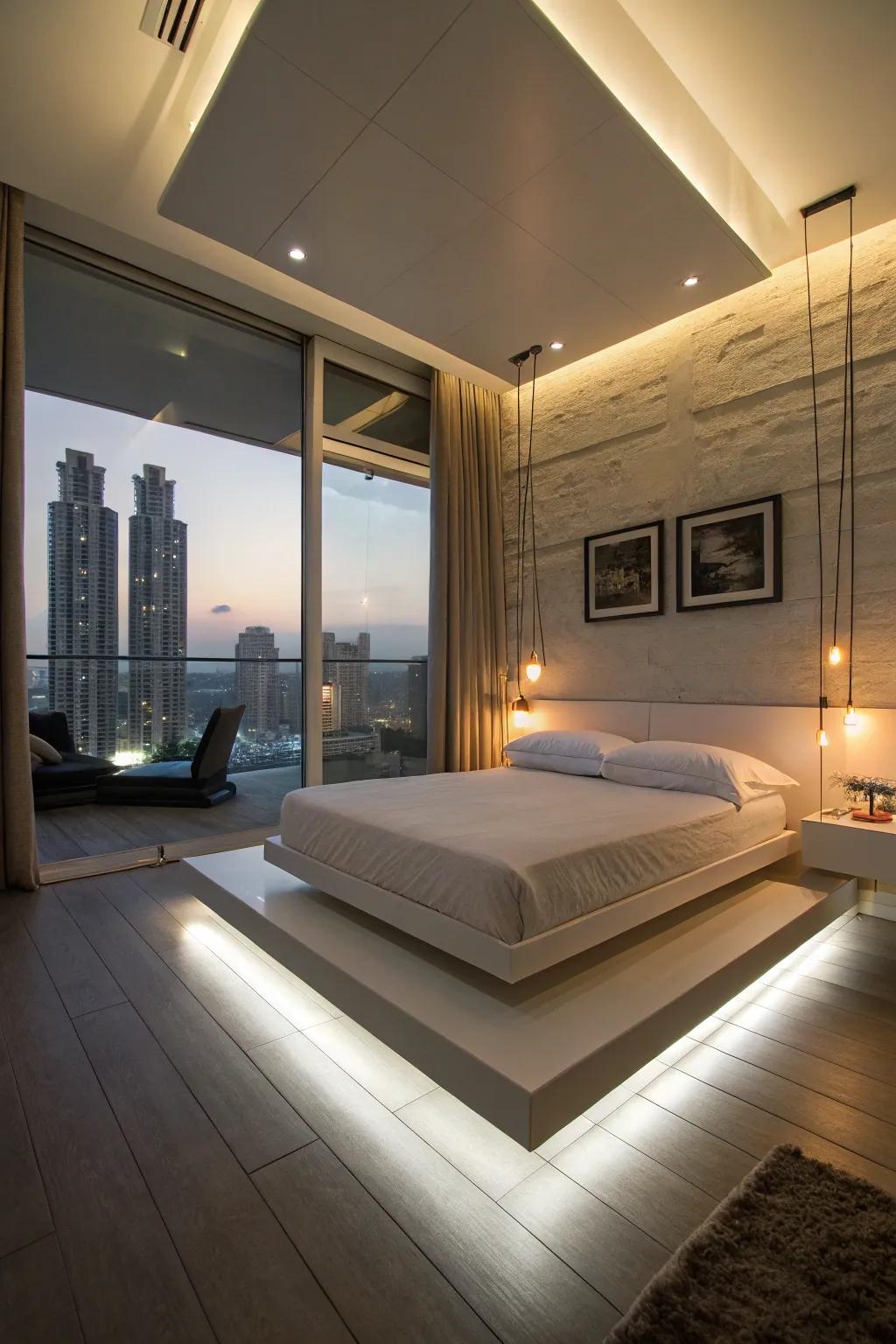 A floating bed frame brings a magical, futuristic touch to the space.