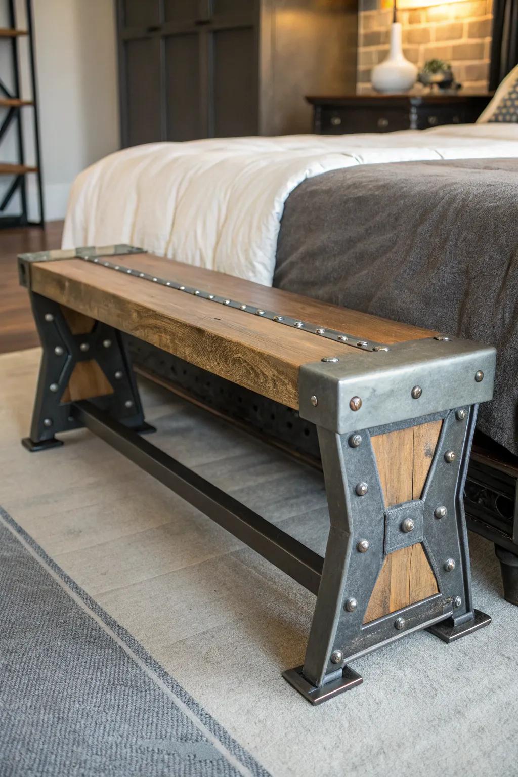 Industrial benches add a bold, edgy look to your bedroom.
