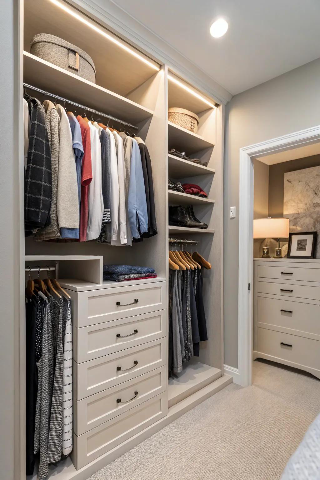 A small dresser provides extra storage for folded clothes.
