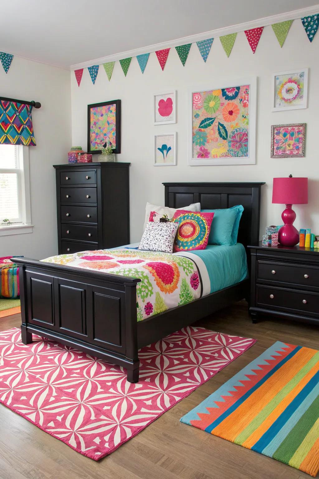 Vibrant colors inject personality into a bedroom furnished with sleek dark pieces.