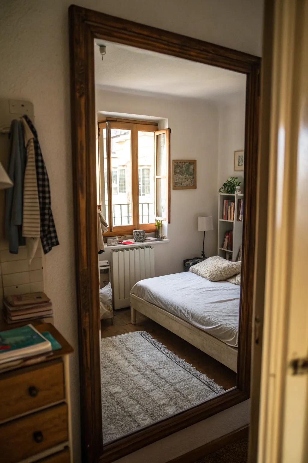 Mirrors are strategically positioned to amplify the sense of space and light within a small bedroom.