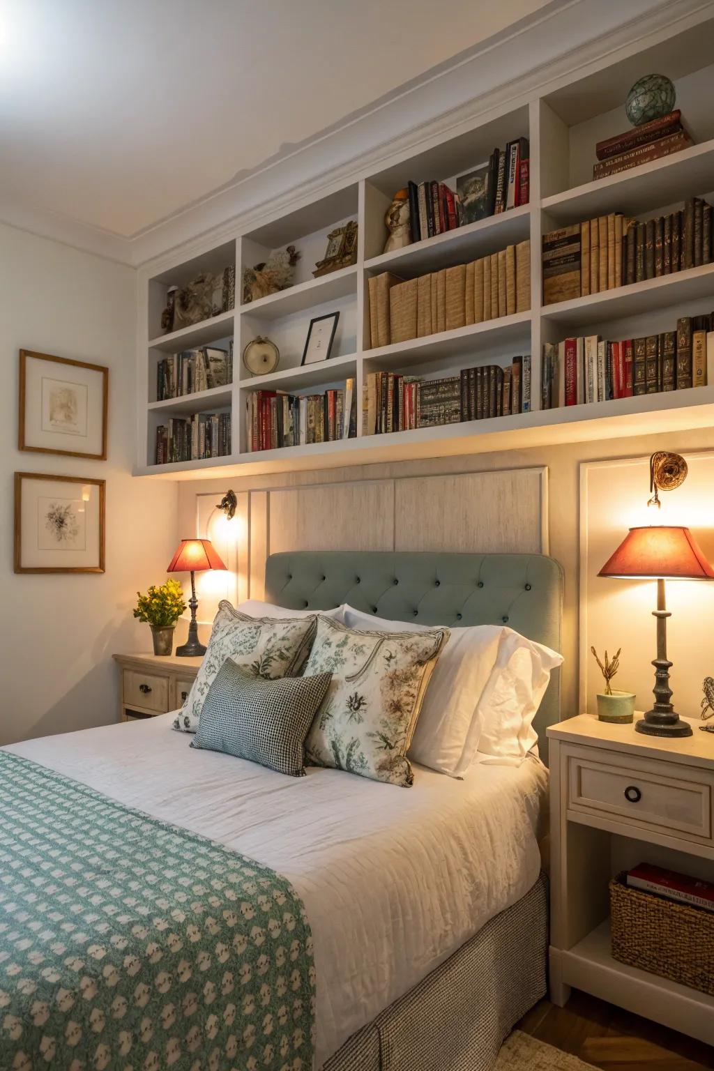 Headboard shelves furnish a convenient location for nighttime requirements.