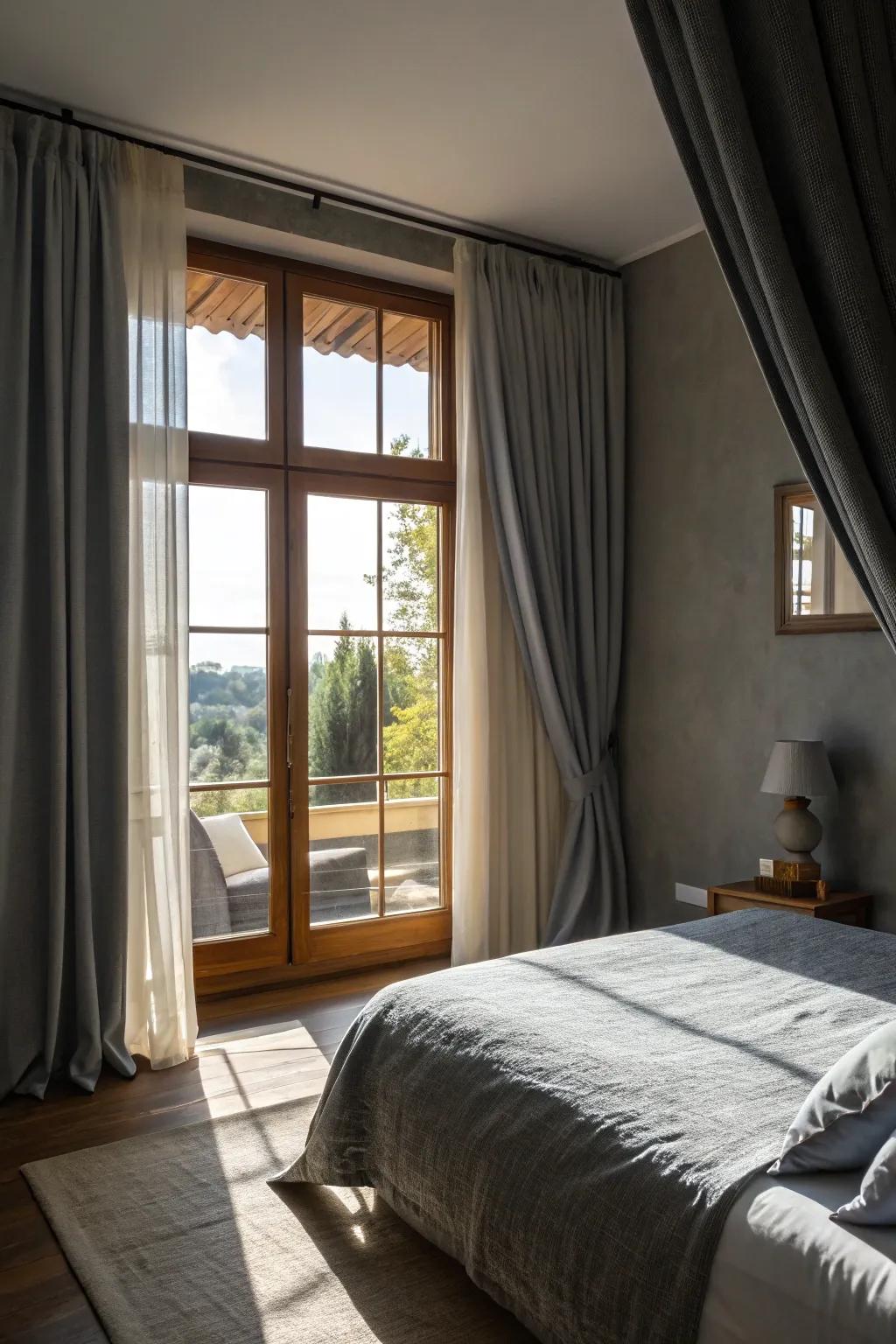 Refined gray curtains framing a bright window.