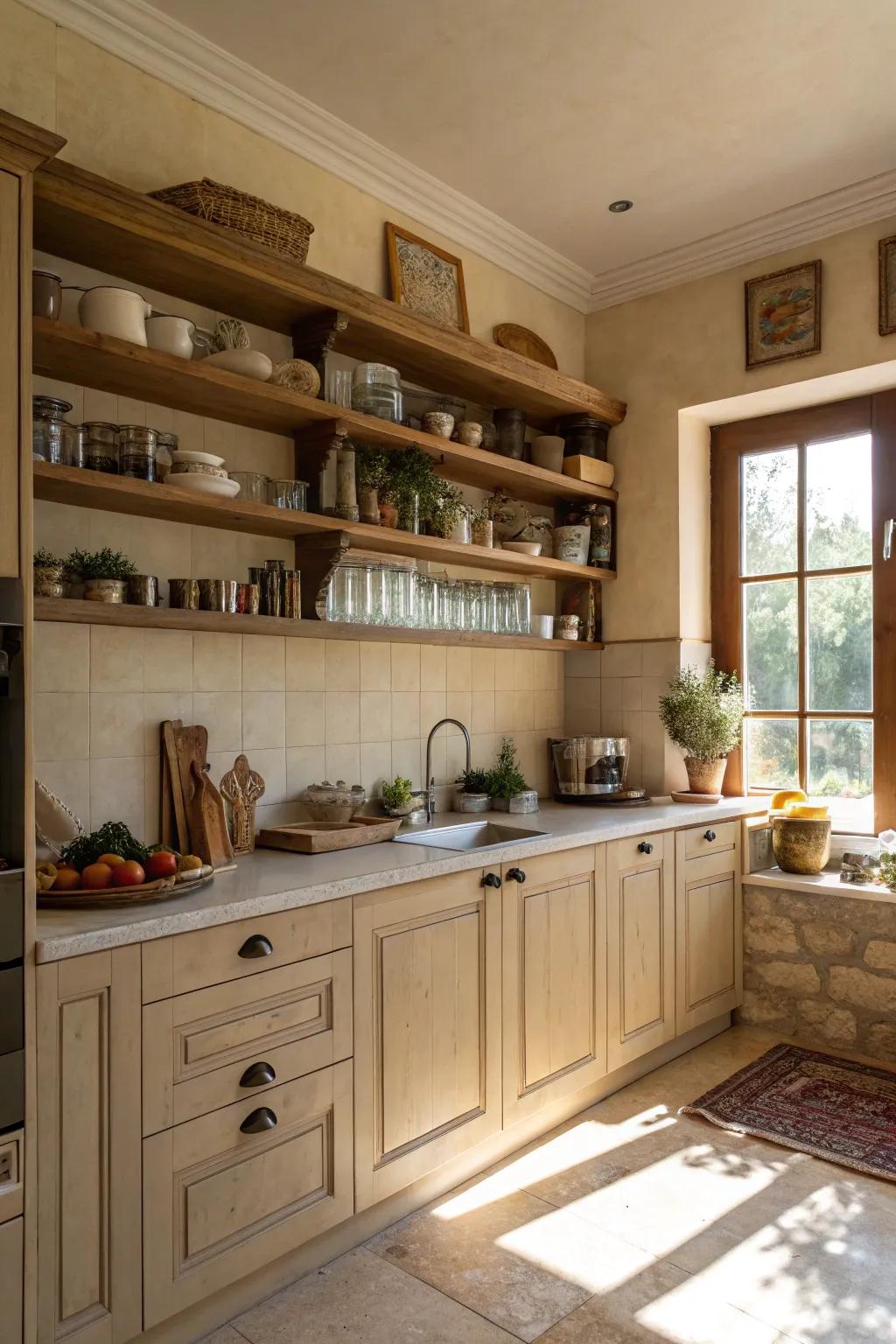 Open shelves encourage personalization and practicality.
