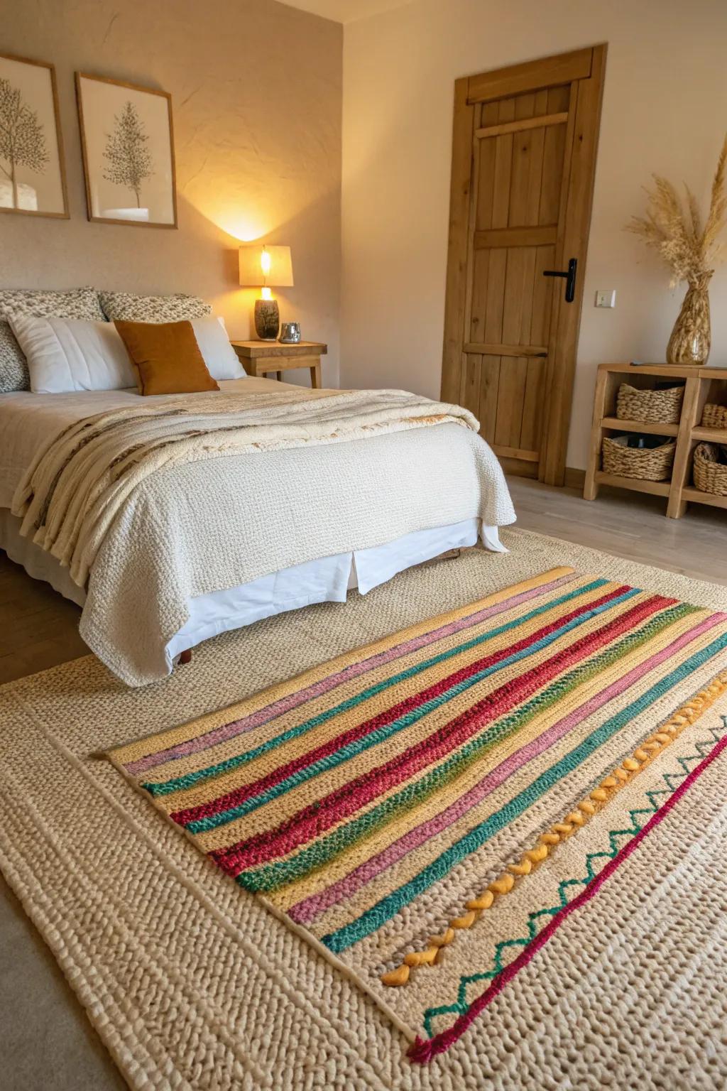 Layered rugs contribute visual interest and texture to a bedroom that features a beige carpet.