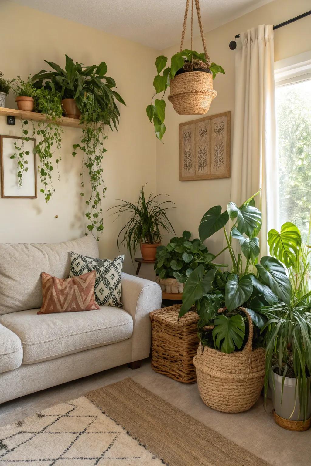Plants add a refreshing pop of color to neutral spaces.
