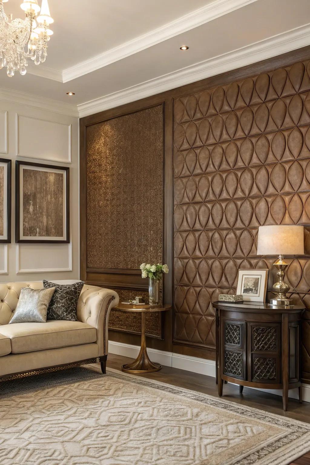 Refined depth with a textured chocolate accent wall.