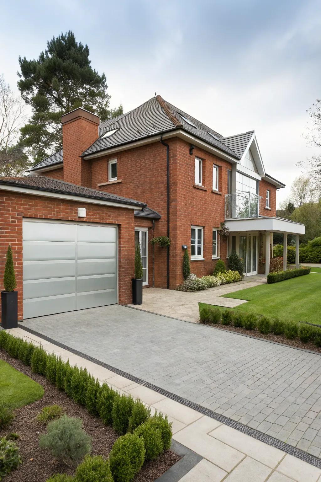 Silver garage doors provide a refined, modern twist to red brick homes.