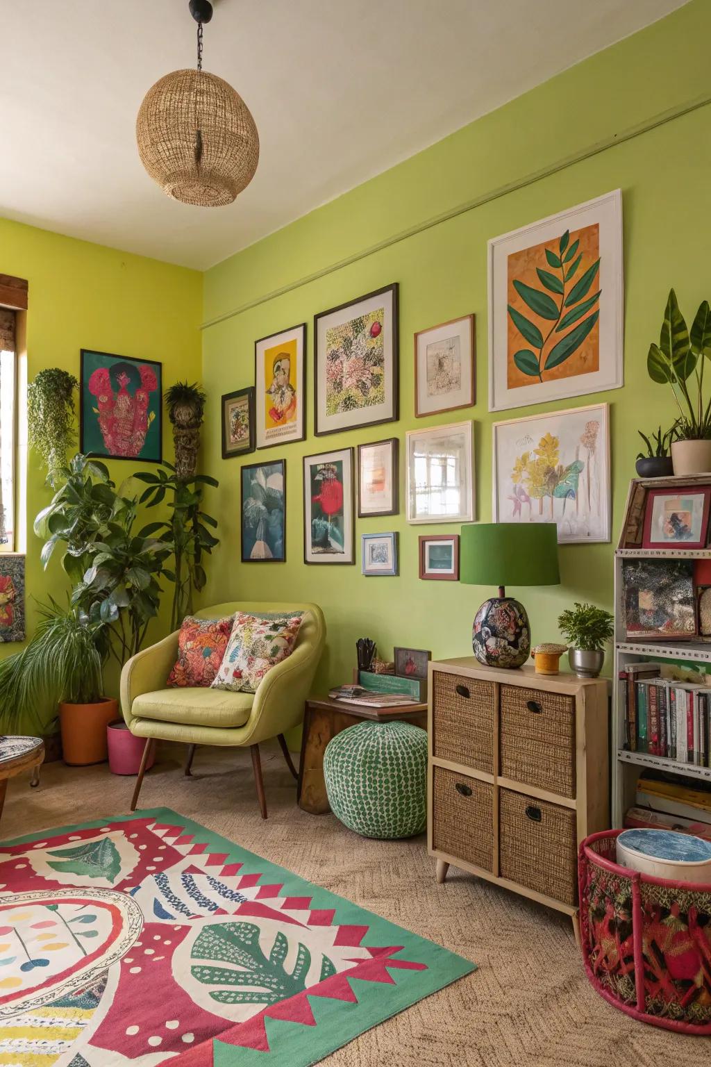 A lively room displaying energetic lime green walls.