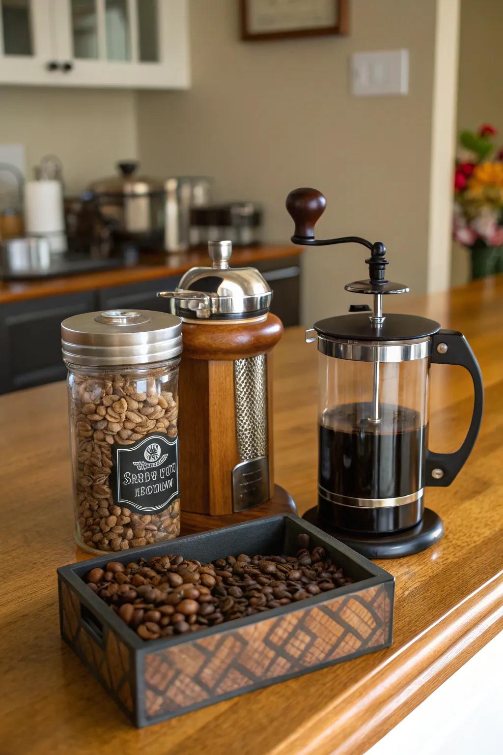 A gourmet coffee arrangement is a considerate present for coffee enthusiasts.