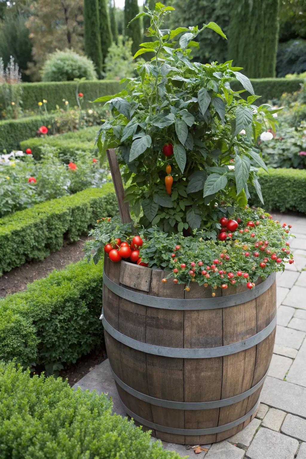 An abundant garden harvest growing in a whiskey barrel.