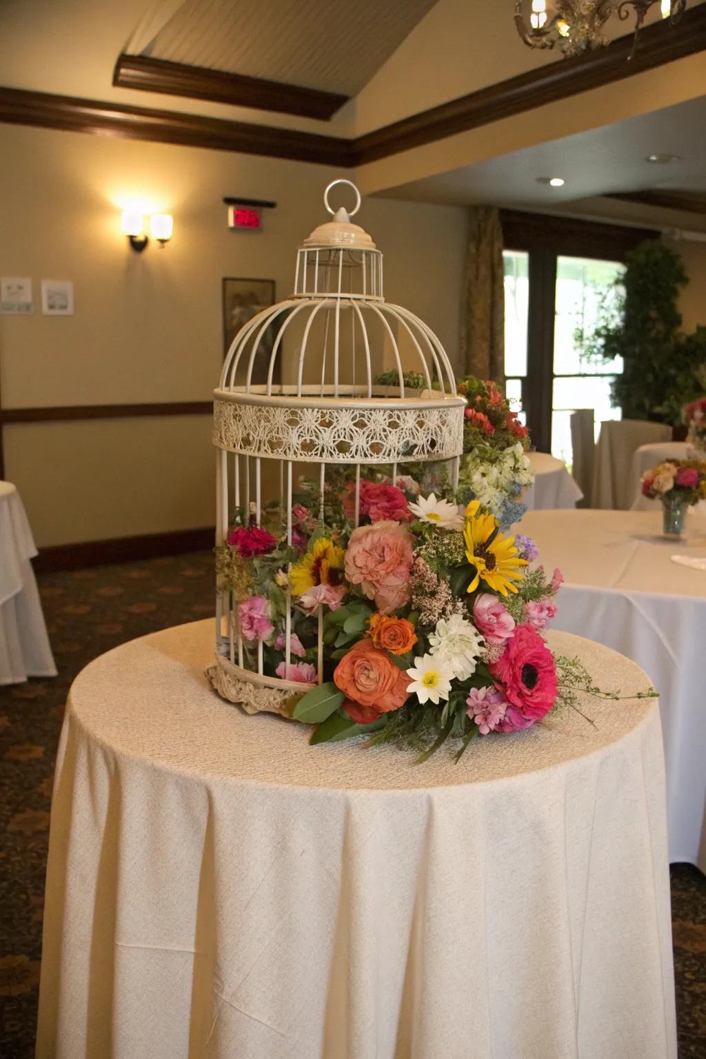 A bird cage centerpiece presenting vibrant flowers for a playful feature.