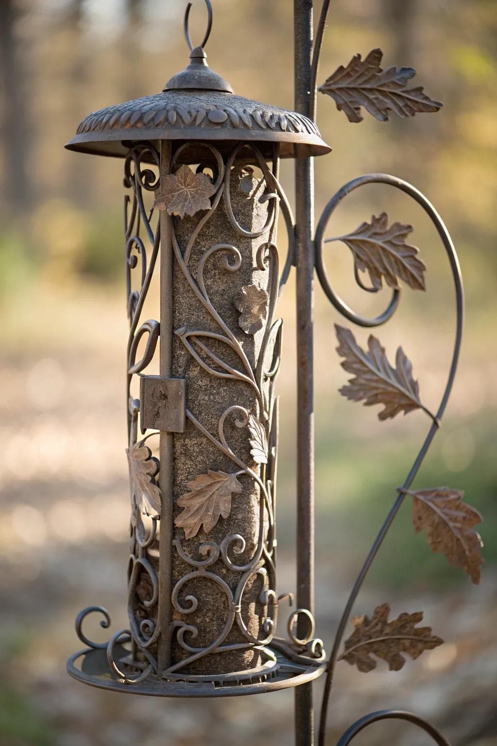 Elevate your garden through this sublime metallic bird feeder post, wherein art converges with nature.