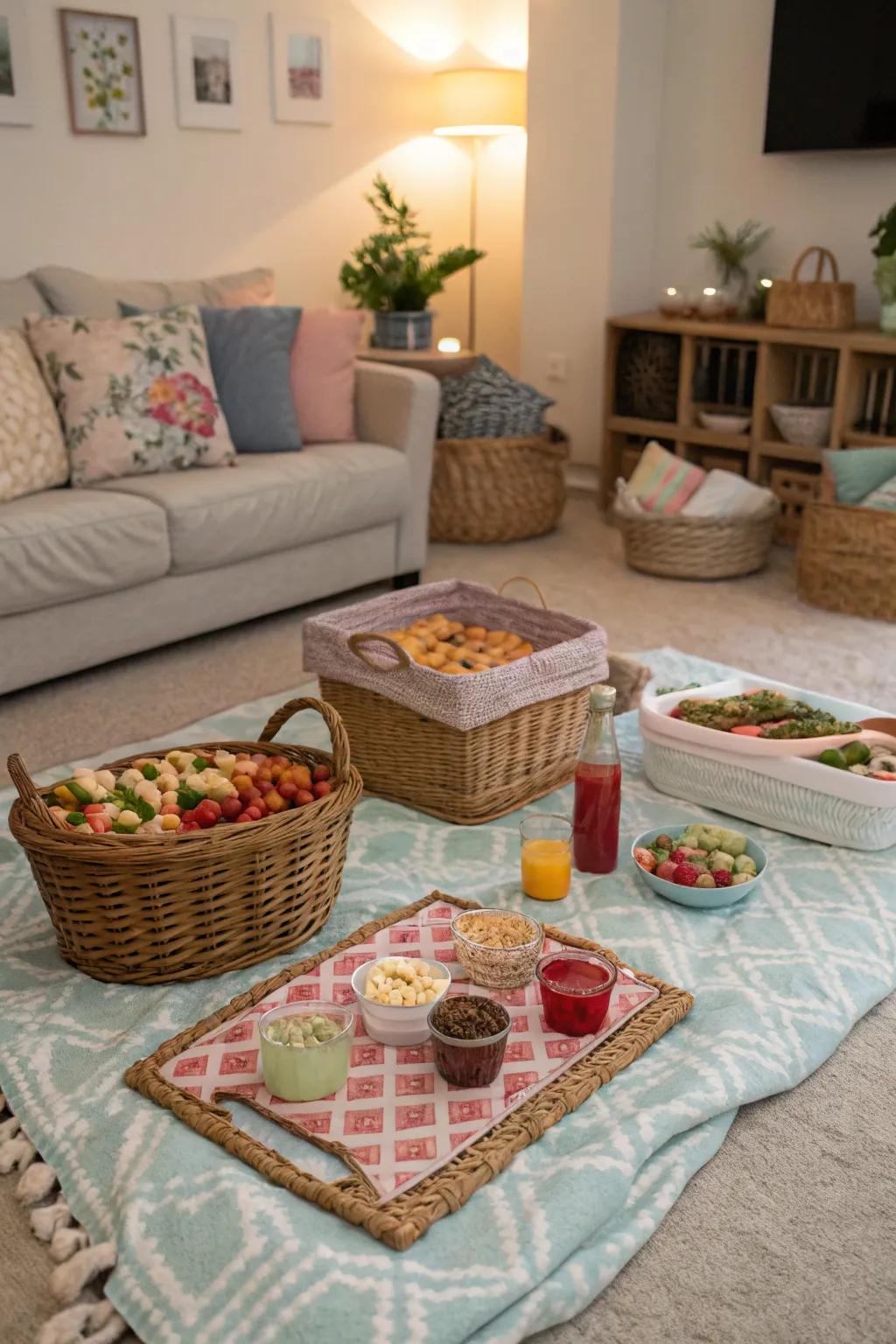 An indoor picnic brings a relaxed and cozy birthday experience.
