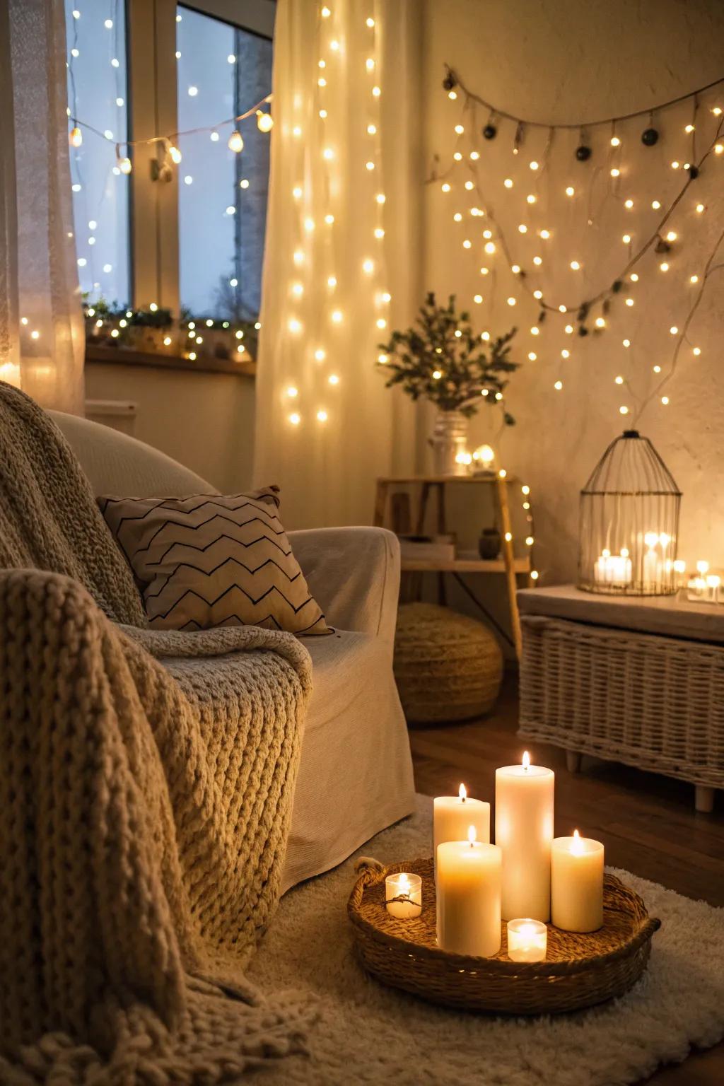 A snug room illuminated with soft fairy lights and candles.